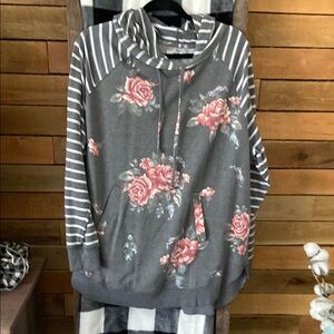 Maurices Gray Hoodie with Floral and Striped Design